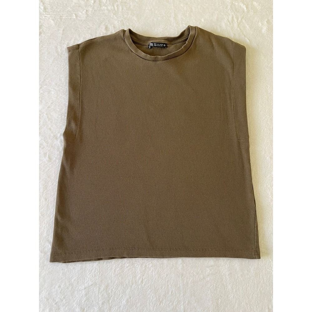 Zara Womens Ribbed Muscle Tank Top Brown Olive Sleeveless Crew Neck Size Small